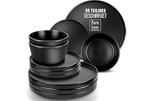 PURE LIVING INTERIOR DESIGN Manhattan czarny zestaw naczyń dla 12 osób, 36-częściowy, w stylu miejskim, naczynia z kamionki, czarne, matowe, nadają się do kuchenki mikrofalowej, zestaw naczyń czarny - zestaw talerzy - czarny