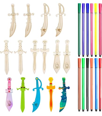 Juego 12 Espadas Piratas De Madera Para Pintar: Incluye 12 Bolígrafos De Colores, Ideal Para Fiestas Y Manualidades