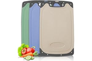 BOCHION Tabla Cortar Cocina, Juego de 3 Tabla de Cortar de Plástico, Tabla de Cortar Cocina Antideslizante con Asas, Ranuras para Jugo y Prensa de Ajos, Libres de BPA, para Frutas/Verduras/Carnes