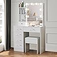 Aovquof Dressing Table, Vanity Table with Hollywood Mirror, LED Lights with Adjustable Brightness, 6 Drawers and 3 Shelves, Modern Makeup Table, White (Silver Handle, Left Cabinet)