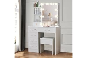TEOUSEV Dressing Table with Mirror and Stool, Vanity Desk set with Drawers and ights Adjustable Brightness, Modern Makeup Vanity Table with Storage Shelves, Power Outlet