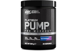 Optimum Nutrition ON Platinum PUMP Pre-Workout, Integratore Alimentare Pre-Workout Intenso Senza Caffeina con Fruitflow, Beta-Alanina, L-Arginina, L-Citrullina, Gusto Lampone Blu, 20 dosi, 380 g