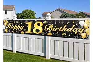 ARMBRACEN 18. Geburtstagsfeier Dekorationen Banner für Jungen und Mädchen, wesentliche Dekoration für 18. Geburtstagsfeier, lange Größe Schwarz und Gold 18. Geburtstag Banner 210×40cm (82,7×15,7 Zoll)