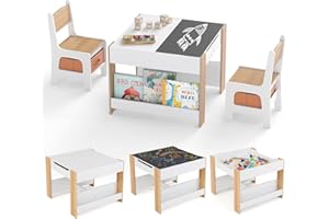 GOPLUS Table Enfant avec 2 Chaises, Table d'Activités pour 3-6 Ans avec Tableau Noir Double Face Amovible, Petit Bureau Enfant avec Rangement, 2 Étagères et 2 Bacs en Tissu (Naturel)