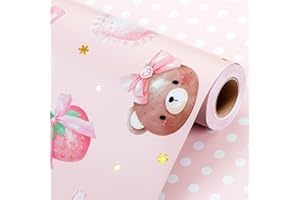 Wikadlik Mini rotolo di carta da regalo per bambina, 43 cm x 10 m, con grazioso orsetto e fragola, per compleanni, matrimoni, San Valentino