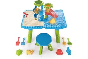 Cherubfunz Tavolo Sabbia Acqua, 2-in-1 Giochi d'Acqua Tavolo con Moldi da Spiaggia e Sedie, Water Table attività Sensoriale Giocattolo da Esterno con Fontane d'Acqua per Bambini Piccoli di 3-6+ Anni
