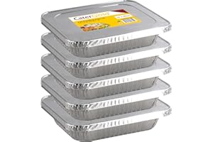 Catergold Medium Rectangle Disposable Aluminium Foil Trays with Lids 32 x 26 x 8cm Approx (5 Pack), Silver