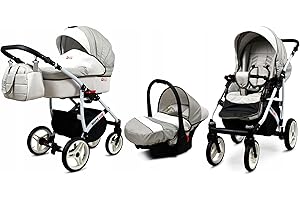 BabyLux® Kinderwagen Set 3 in 1 - White Lux - incl. Babywanne, Buggy Sportsitz, Auto-Babyschale - Autositz - Kinderwagenset - Kombikinderwagen mit Wickeltasche, Regenschutz usw.