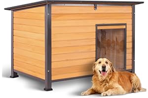 Akinerri Wooden Classic Indoor & Outdoor Universal Large Raised Base Cat House, Animal Shelter with Asphalt Openable Roof and Metal Bite Proof Frame (Brown) 110cm (L) * 74cm (W) * 84.2cm (H)