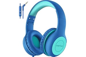 EarFun Kids Headphones with Mic, Wired Headphones Kids 85/94dB Volume Limit, Sharing Function, Stereo Sound Adjustable Headband Children Headphone for School/Travel/Phone/Tablet, Blue Green
