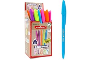 STARPLAST Stylock - Confezione da 50 penne a sfera con cappuccio, 5 colori fluorescenti, 50 pezzi, antiscivolo, con scatola espositiva, inchiostro blu, per uso scolastico o da ufficio.