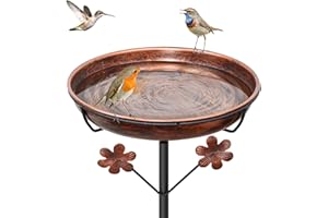 FALOSTWER Stehend Vogeltränke Vogelbad für Draußen Garten, Metall Vogelbecken Futter Schale Wassertränke für Vögel, Wildvögel Winterfest Wassertränke für Vogelbad Futterstelle Balkon (Vintage Braun, Blumen)