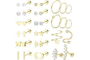 JeryWe 20G Acero Quirúrgico Stud Pendientes para Mujeres Hombres Multipack Cartílago Earring Studs Aros Helix Concha Tragus Piercing Jewellry Hipoalergénico CZ Corazón Estrella Flatback Pendientes