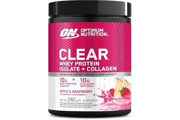 Optimum Nutrition Clear Whey + Collagen, Smak av Äpple & Hallon, 10 g Vassleisolat och 10 g Kollagenpeptider per Portion, Kla