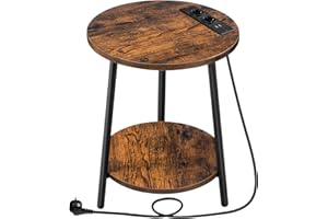 ‎HOOBRO HOOBRO Beistelltisch mit Ladestation, runder Couchtisch mit 2 Ebenen, Wohnzimmertisch, Nachttisch für kleine Räume, Sofatisch für Wohnzimmer, Schlafzimmer, Vintagebraun und Schwarz EBF67CBZ01
