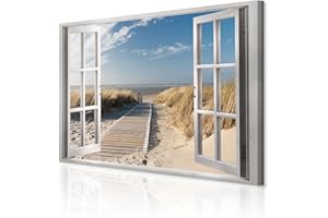 decomonkey - Impression sur Toile Plage Mer Fenetre 90x60 1 Pièce - Tableau Décoration Appartement Cadre en Bois Déco Salon Peinture sur Toile Bois mer paysage sable plage vue depuis la fenêtre