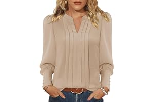 KISSMODA Womens Casual Pleated Blouses Long Puff Sleeve V Neck Tunic Tops Dressy Trendy Shirts Elegant Fall Outfits