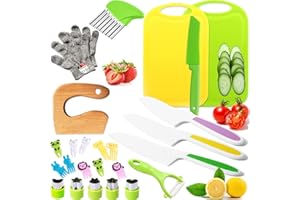 LIAMASUM Kids Kitchen Knife Tools Toddlers Wood Safe Knife Kit Kitchen Tools for Real Cooking with Plastic Kids Safe Knives Crinkle Cutter Toddle Cutting Boards