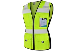 Graunton Hi Vis Vest for Women 11 Pockets Mesh Reflective Safety Vest with Zipper, High Visibility Neon Construction Work Vest for Lady Surveyor/Warehouse, Snug-Fit, Durable, ANSI Compliant,Yellow XS