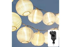COBUS CozyHome Guirlande lumineuse LED Lampion lampe deco – Lanterne en papier blanc kraft - Longueur totale 7 mètres | 15 LED boules blanches | Fourni avec prise à brancher sur le secteur (Fiche)