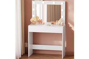 EUGAD Toeletta Trucco con Luci e Specchio, 10 Lampadine LED, Tavolo da Trucco Moderna con Grande Cassetto, Postazione Trucco in Legno per Camera da Letto, 80x40x140 cm, Bianco 0019SZT