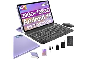 fezawio 2025 Dernier 10 Pouces Tablette Android 15 avec 5G Wi-FI 6,20 GO RAM+128 GO ROM (1To TF),Octa-Core Tablette Tactile PC,GMS,Widevine L1,6000mAh,8 MP+5 MP,avec Clavier+Souris et Cas,Violet
