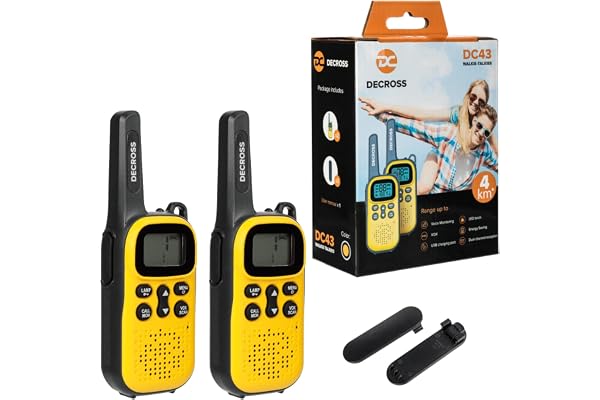 DC DECROSS 43/44 Walkie Talkie, Set de 2 Walki Talki jusqu'à 4 km, PMR446 16 canaux, VOX, Lampe de Poche, Cadeau, randonnées, Camping (DC43 Jaune)