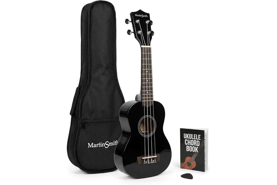 Martin Smith UK-212-BK Ukelele Soprano Ukulele con Bolsa - Negro, 21" | Ukelele soprano de 4 cuerdas con funda y libro de aco
