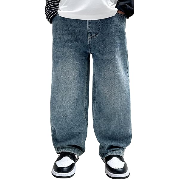 Happy Cherry Jeans Ragazzi Bambino Gamba Larga Pantaloni Denim Cotone Comodi Primavera Autunno Y2K Loose Fit Pants Blu Sfumato con Tasche 5-6 Anni