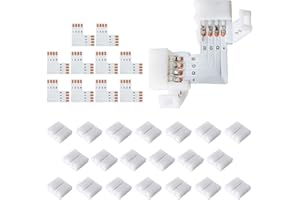 JACKYLED 10Pcs LED Strip Connectors L Shape 4-Pin with 22Pcs Connector Clips, 10mm Wide RGB Splitter Right Angle Corner Connector Solderless Gapless Adapter for RGB SMD 5050 3528 LED Light Strips