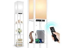 OUTON Lampa podłogowa do salonu z półkami, możliwość ściemniania za pomocą pilota, 4 regulowane temperatury barwowe, timer 1H, lampa podłogowa LED z 2 złączami USB, lampa stojąca do salonu, sypialni