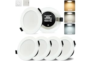 DEIFUA 4 LED Recessed Spotlights, Dimmable, 10 W, Flat Recessed Lights, 3000 K - 4000 K - 6500 K, Adjustable, Dimmable in 3 Levels by Switch, Continuous Variable by Dimmer, Dimmable Function 2 in 1,