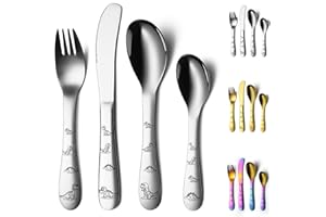 Evanda Przybory dla dzieci, 4 częściowy zestaw sztućców dla dzieci ze stali nierdzewnej, widelce i łyżki dla dzieci, polerowana na lustro gładka okrągła zastawa stołowa, można myć w zmywarce