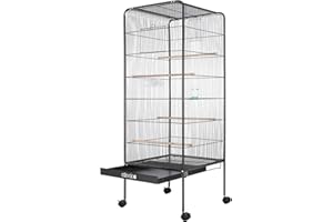 CADOCA Large Aviary Bird Cage With Stand & Slide Out Tray | Metal | XXL | Portable Birds House | For Budgie Parrot Macaw Canary | Rolling Lockable Wheels | 146x54x54cm | Silver Anthracite