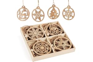 Anstore Navidad Colgantes Adornos de Madera Árbol de Navidad Retro Fiesta Decoración Manualidades de Ronda Decorar con Cuerda, 12 Piezas