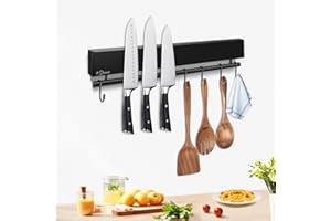 Dmore Barre magnétique pour couteaux de 30 cm avec 5 crochets, porte-couteaux noir magnétique avec barre à crochets, porte-couteaux magnétique extrêmement autocollant, ruban adhésif et vis, pour