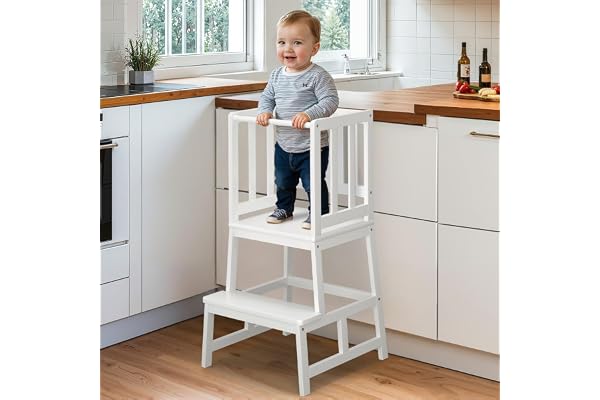 COSYLAND Tour d’Apprentissage Montessori pour Enfants, Sûre et Stable Tour d’Observation Enfant, Chaise d’Apprentissage Montessori à Partir de 18 Mois, Bambou Learning Tower – Couleur Blanche