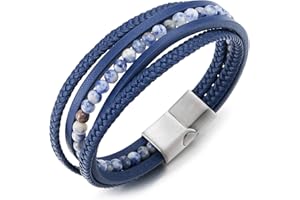 COOLSTEELANDBEYOND Multi-Strang Armband Edelsteine Wulst Kette Geflochtene Leder Schweißband Edelstahl Magnetverschluss