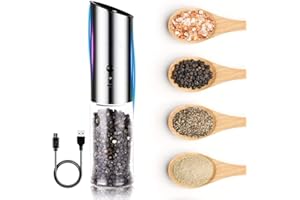 VEVOUK Set Molinillo Eléctrico de Sal y Pimienta a Gravedad, y Frasco de Especias. Recargable por USB, sin baterrías. Operación de una Sola Mano.