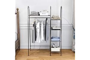DUMEE Clothes Rack Clothes Rail with 4-Tiers 6 Shelves and 1 Top Rod for Hanging Clothes, Standing Coat Rack, Utility Rack Storage, Open Closet Storage Organizer for Bedroom, Black