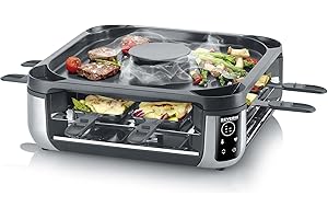 ‎SEVERIN SEVERIN SEVENTO Raclette-Grill mit integriertem Umluft-Filter: weniger Rauch & Gerüche, Digital-Display, 8 Pfännchen & 8 Spatel, kratzfeste ILAG-Beschichtung, bis zu 230°C, 1900 W, schwarz, RG 2350