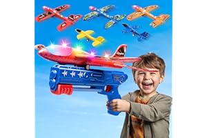 Dioju 5 Pack LED Airplane Launcher Toys with Catapult Gun, 2 Flight Mode Glider Flying Planes, Outdoor Garden Activities Aeroplane Gifts for Aged 3 4 5 6 7 8 9 10 11 12 Year Old Kids Boys Girls
