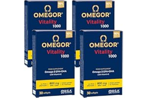 Huile de poisson Omegor Vitality 1000 avec 800 mg d'EPA et de DHA par capsule | Le seul Oméga 3 IFOS certifié 5 étoiles depuis 2006 | 90% d'oméga-3 rTG | 30 gélules x 4