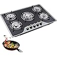 Built-in Gas Cooktop, 5 Burners Hob Cooker, Stainless Steel, Tempered Glass Gas Stove, Automatic Pulse Ignition 770 x 510 (30.3 "x 20")