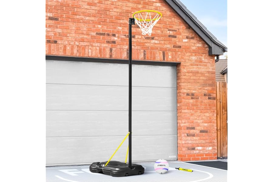 FORZA Freestanding Netball Post - Adjustable 8ft – 10ft Regulation Size Hoop | Full Size Training Post and Hoop Set - Portable Wheeled Base | Optional Netball & Pump