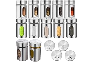 XINXINPHI 12Pcs 100ml Botes Especias con 3 Tipos Dosificadores, Tarros Acero Cristal Inoxidable Lavavajillas, Frascos Espaciarías Sal Pimienta Cocina para Conservar y Dosificar Pimentón, Polvos, Hierbas Secas