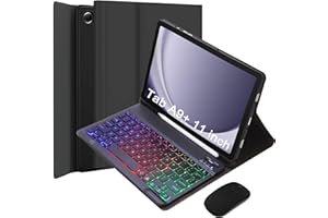 VLEAQC Keyboard Case for Samsung Galaxy Tab A9+/A9 Plus 11 Inch 2023 (SM-X210/X216/X218), Detachable Color Backlit Bluetooth Keyboard and Mouse, Slim Lightweight Stand Cover with Pen Holder,Black