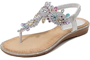 iCKER Women's Flat Sandals Ladies Thong Flat Sandals Bohemian Beaded Strap Sandals Diamante Rhinestone Leather Sandals
