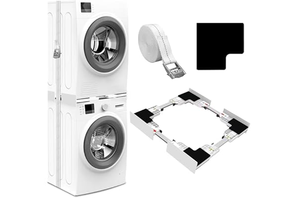 NIUXX Kit de Unión Universal para Lavadoras y Secadoras, Kit Apilado Universal con Cuerda de Trinquete, Accesorios para Lavadora y Secadora, Marco Intermedio Ajustable para Lavadoras de 46-66 cm