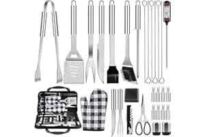 ‎AOMEES 31 Stücke Grillbesteck Set, AOMEES Edelstahl Grillzubehör Set, BBQ-Zange, BBQ-Spachtel, BBQ-Gabel, Thermometer, Grill Zubehör Tool Set Grill Geschenke für Männer